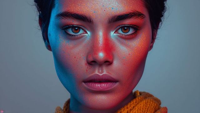 Frontal closeup female model showing duotone gelled makeup with glitter highlighter