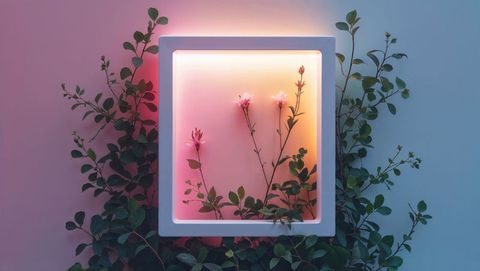 Illuminated Square Frame with Pink Blossoms and Ambient Lighting