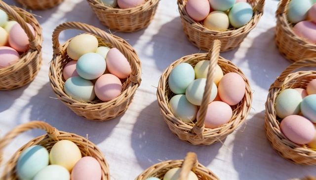 Sunlit wicker baskets filled with pastel easter eggs casting soft shadows and texture