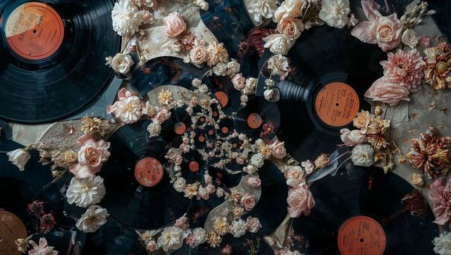Spiraling vinyl records with pale roses forming vintage floral mandala flatlay