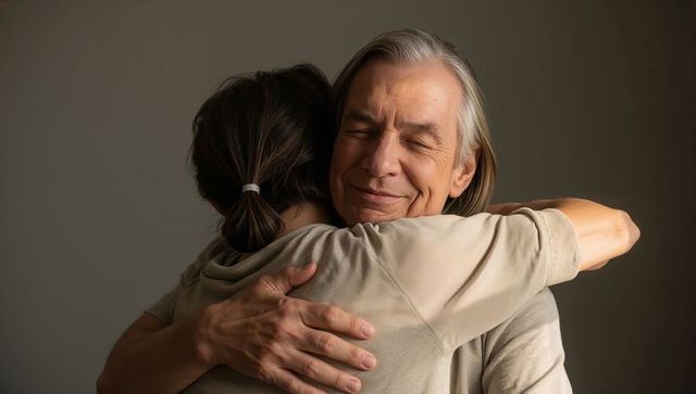 Senior man embracing adult woman in tender hug, serene smile, intergenerational warmth
