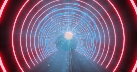 Futuristic Neon Tunnel with Glowing Rings and Reflective Floor