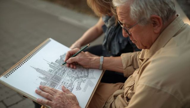 Older man sketching intricate cityscape with companion on bench during golden hour