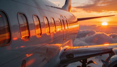 Sunset reflections on airplane fuselage and wing at cruising altitude over clouds