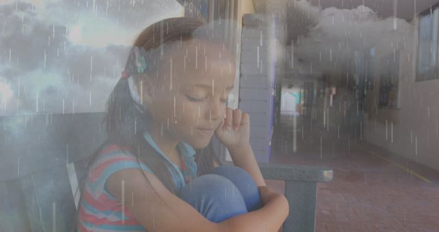 Downhearted Girl Sitting in Rain with Thoughtful Expression - Download Free Stock Images Pikwizard.com