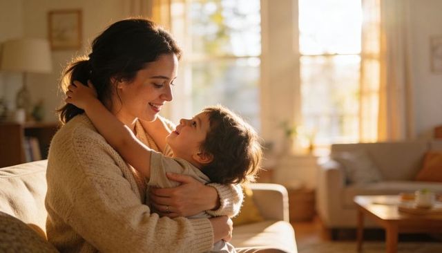 Mother embracing toddler on sunlit sofa, morning glow, cozy intimate family moment