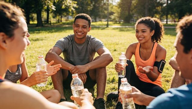Friends resting after park run sharing water, smiles and conversation in sunlight