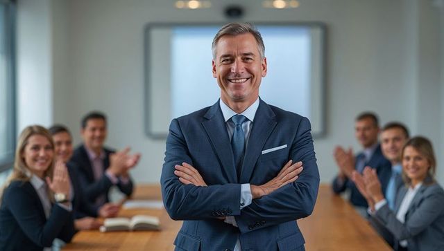Confident businessman leading corporate meeting in boardroom