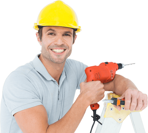 Construction worker holding drill and smiling in transparent background