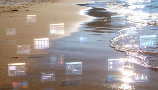 Sunlit shore with floating analytics dashboards reflecting data visualization and charts