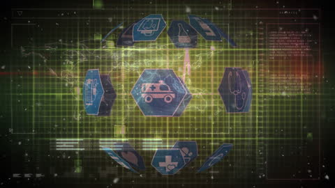 A futuristic network of medical icons and data processing videory conveying the integration of technology in healthcare. Useful for articles on healthcare innovation, presentations on digital transformation in medical fields, and advertisements for tech solutions in health industries.