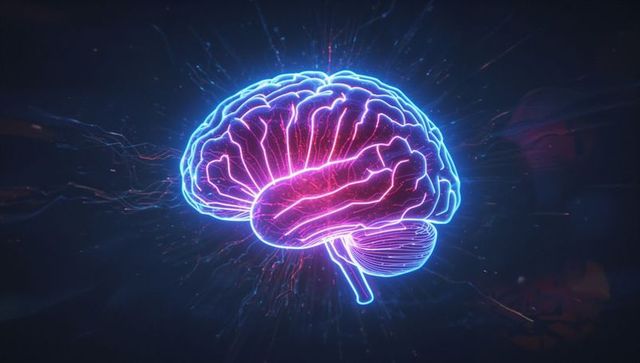 Neon Glowing Human Brain in Digital Space