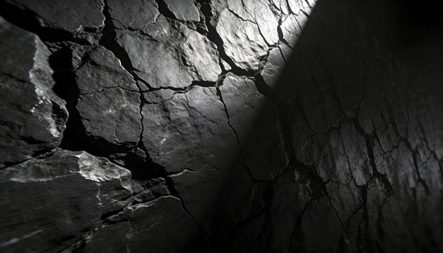 Monochrome cracked rock wall refracting light and revealing deep interlocking fissures