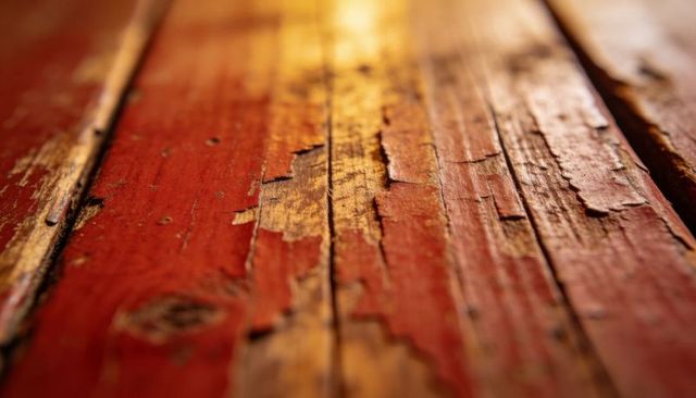 Weathered red porch deck planks showing flaking paint, exposed wood grain, rustic close-up