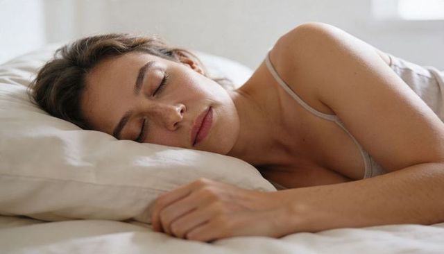 Sleeping woman resting peacefully on bed with white pillow and camisole, serene morning