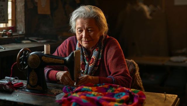Senior seamstress sewing colorful textile on antique black sewing machine in rustic workshop
