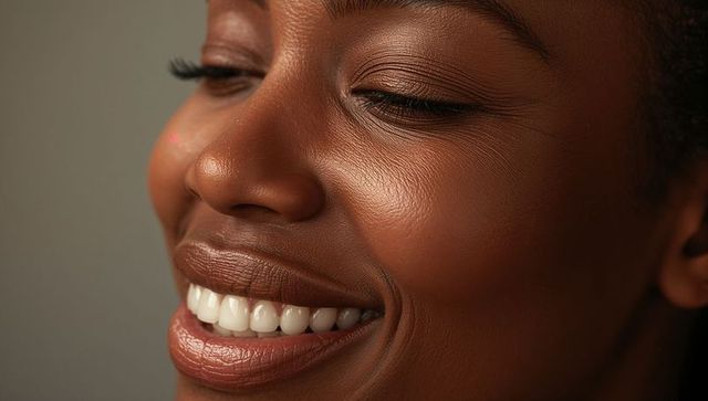 Closeup smiling woman showing teeth with glowing skin and soft studio lighting