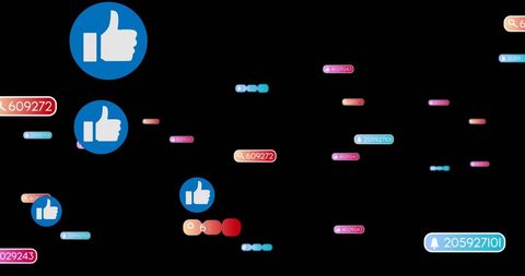 Social media thumbs up and metrics over black background