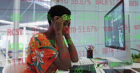 Stressed Businesswoman Analyzing Stock Market Data on Computer