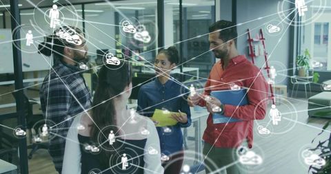 Diverse Team Collaborating with Digital Network Overlay in Office Setting