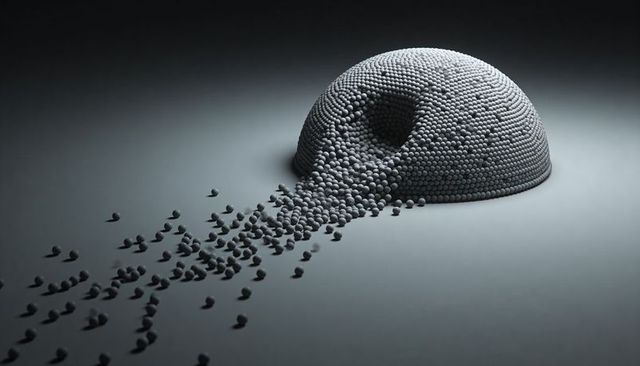 Monochrome hemisphere spilling uniform spheres in minimalist geometric cascade and trail