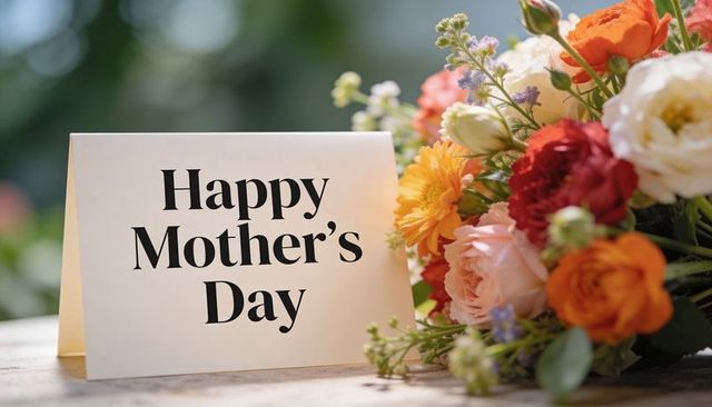 Elegant mother's day greeting card with colorful spring bouquet on sunlit wooden table
