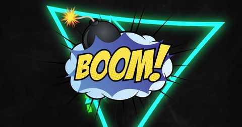 Comic boom text with neon triangle on black background