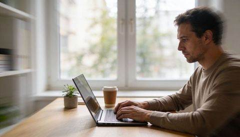 Focused man typing on laptop in bright home workspace with coffee and succulent