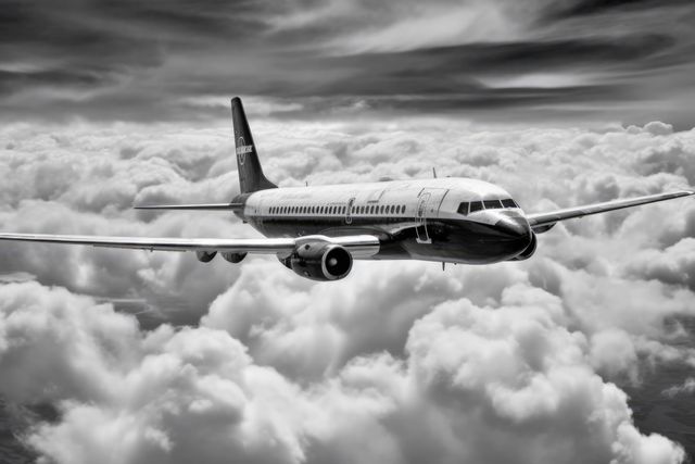 Commercial airplane flying high above dense cloud layer in black and white setting. Perfect for travel-related promotions, aviation industry materials, or artistic representations of air travel.