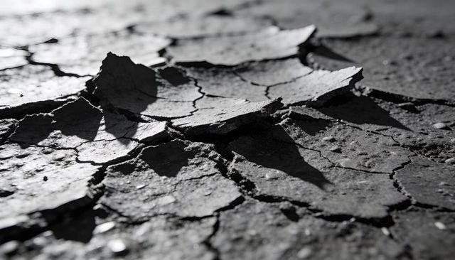 Curled mud flakes forming polygonal cracks on dried lake bed casting sharp shadows