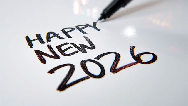 Writing happy new 2026 in bold black marker on glossy white surface
