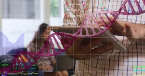 Digital Biotech Analysis in Modern Office Setting with Graphic Overlay