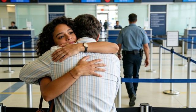 Couple embracing at airport check-in lines before flight departure, emotional farewell