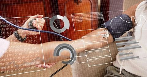 Caregiver checking blood pressure at home with digital hud overlays for remote monitoring