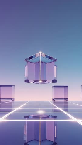Hovering Hexagonal Prism Descending to Glowing Grid Vertical Neon Sci-Fi Minimalism Video