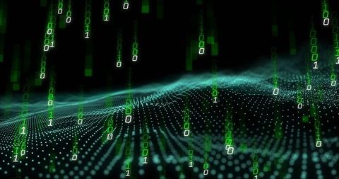 Flow of binary code in digital matrix background