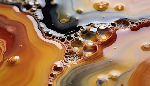 Macro iridescent amber bubbles revealing swirling pigment and gold highlights
