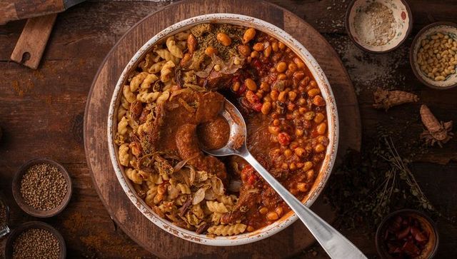 Serving rustic chickpea and fusilli pasta stew in ceramic bowl with tomato-spice sauce