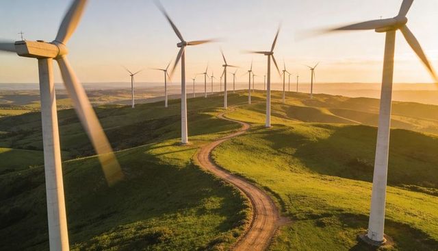 Golden-hour wind farm stretching across rolling green ridges with winding dirt access road