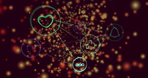 Neon network with digital icons portraying connectivity and interaction