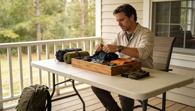 Organizing camping gear on porch man packing backpack and accessories for hiking