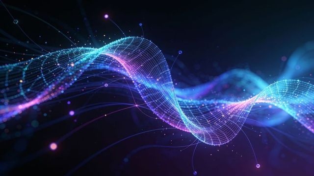 Luminous neon mesh waveform twisting across digital space with holographic particles