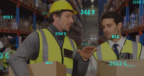 Warehouse Workers Analyzing Financial Metrics Digital Overlay