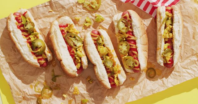 Mouth-watering hot dogs covered with a variety of toppings like mustard, relish, onions, and pickles placed on crumpled brown paper. Perfect for use in promoting food businesses, catering services, fast food eateries or for illustration in blog articles and social media posts about outdoor dining, barbecue events, and street food festivals.