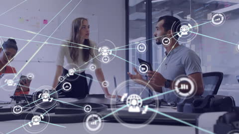 Global Network Visualization with Diverse Colleagues Discussing in Office