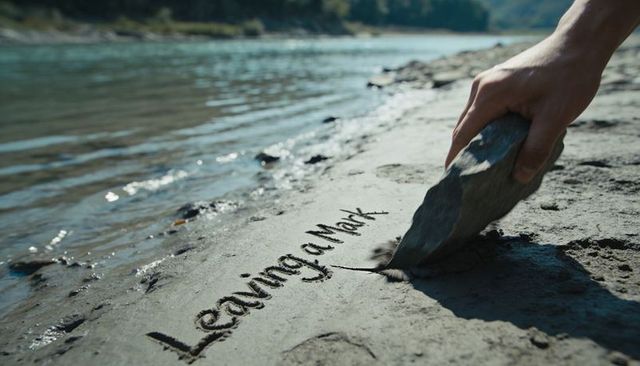 Hand carving leaving mark in wet sand at riverbank closeup, stone pressing, sunlit ripples
