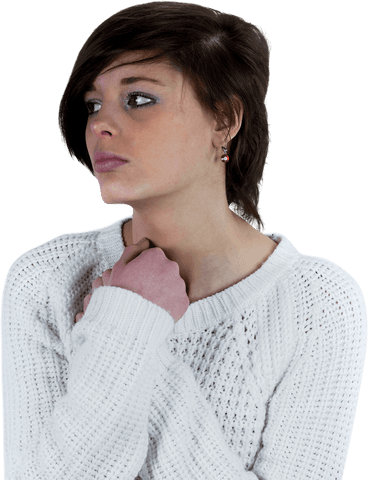Transparent Sad Brunette Woman in White Sweater with Pensive Expression