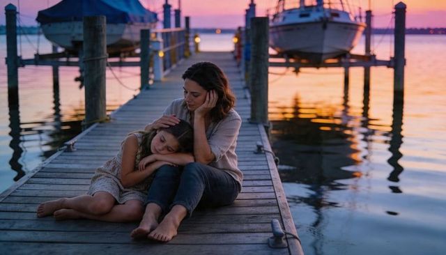 Mother and daughter embracing on marina dock at sunset, serene harbor twilight
