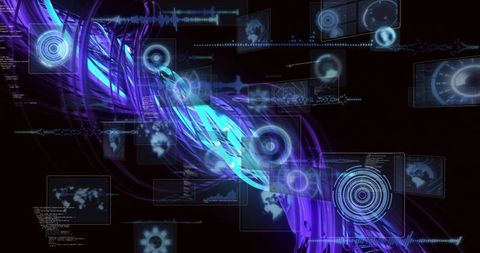 Futuristic digital interface with neon blue and purple data streams