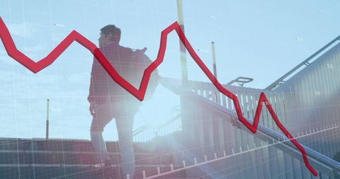 Businessman Analyzing Financial Downtrend on Stairs
